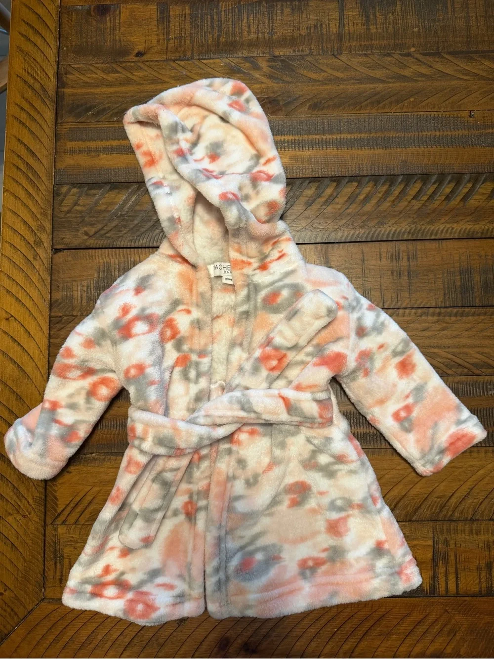 Rachel Zoe Kids Plush Hooded Robe in Coral & Gray Tie-Dye